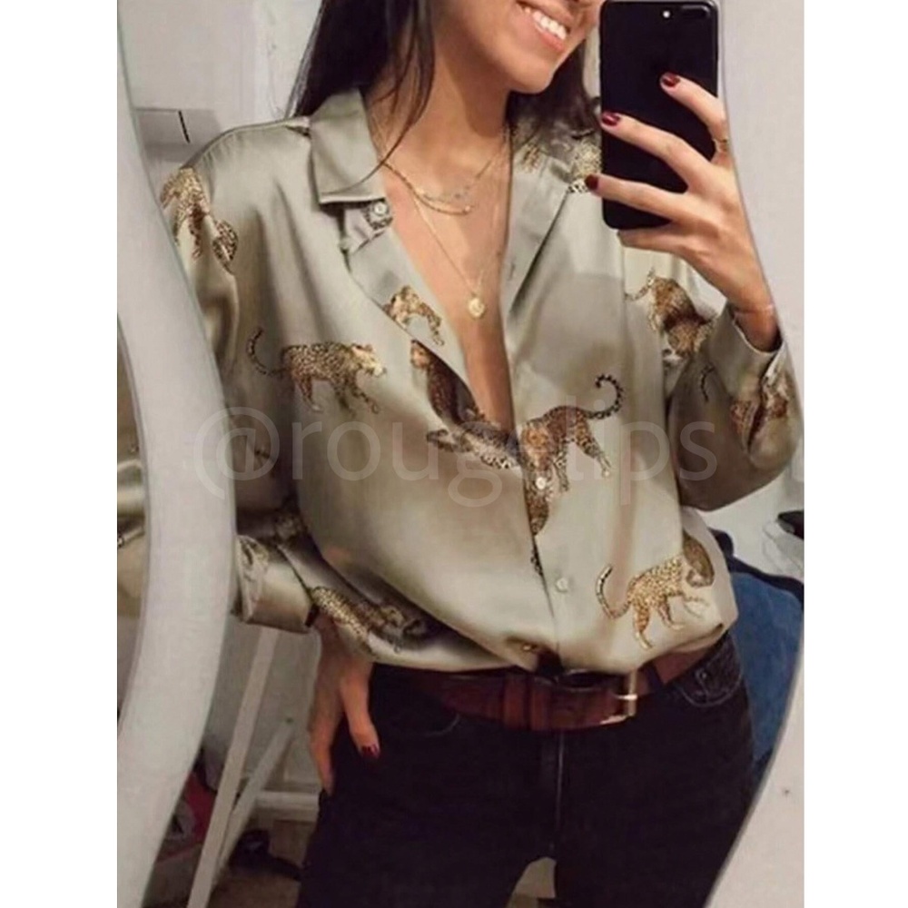 Animal Print Satin Button Up Long Sleeve Shirt